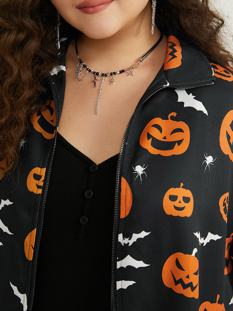 Halloween Graphic Zipper Fly Pocket Coat