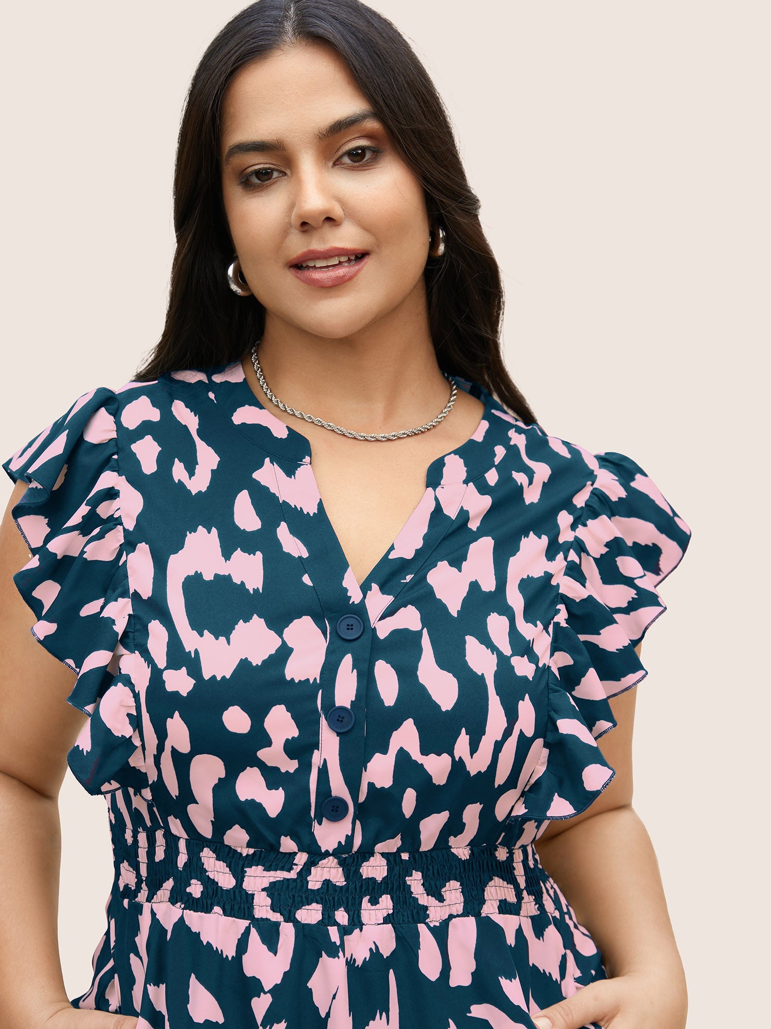 Notched Leopard Print Cap Sleeve Ruffles Dress