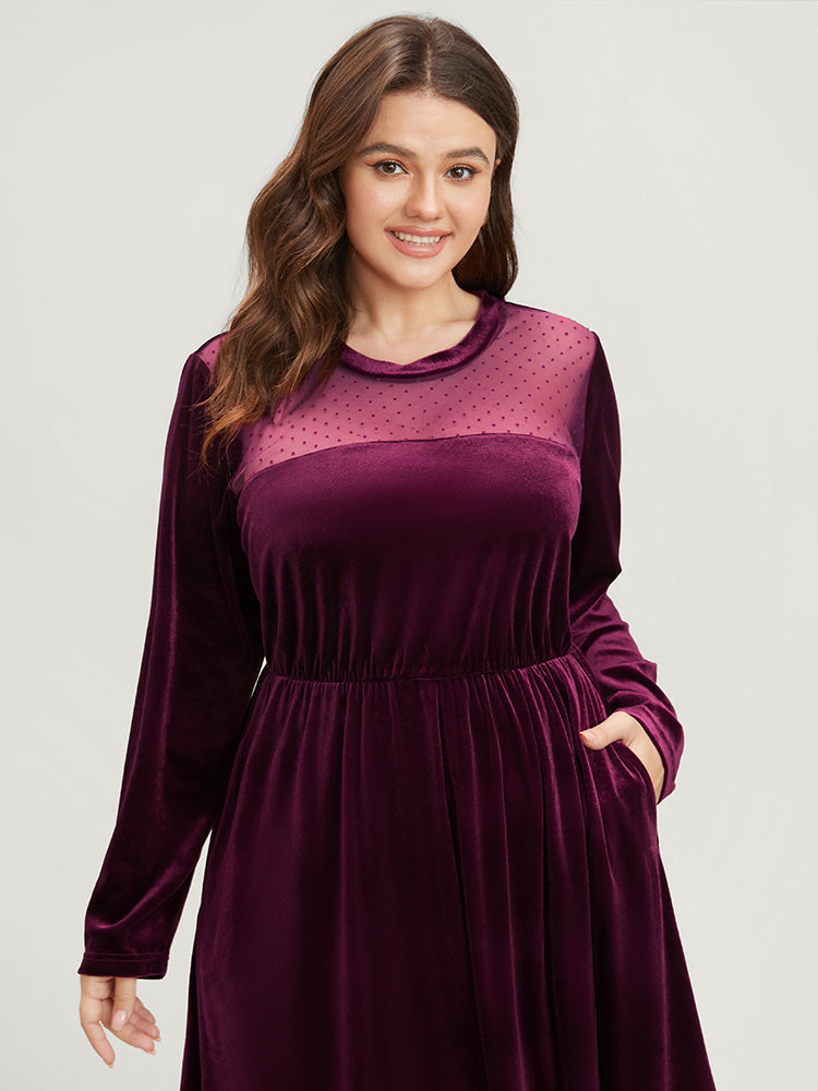 Solid Mesh Patchwork Pocket Velvet Arc Hem Dress