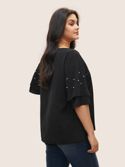 Solid Pearl Beaded Ruffle Layered Sleeve Blouse