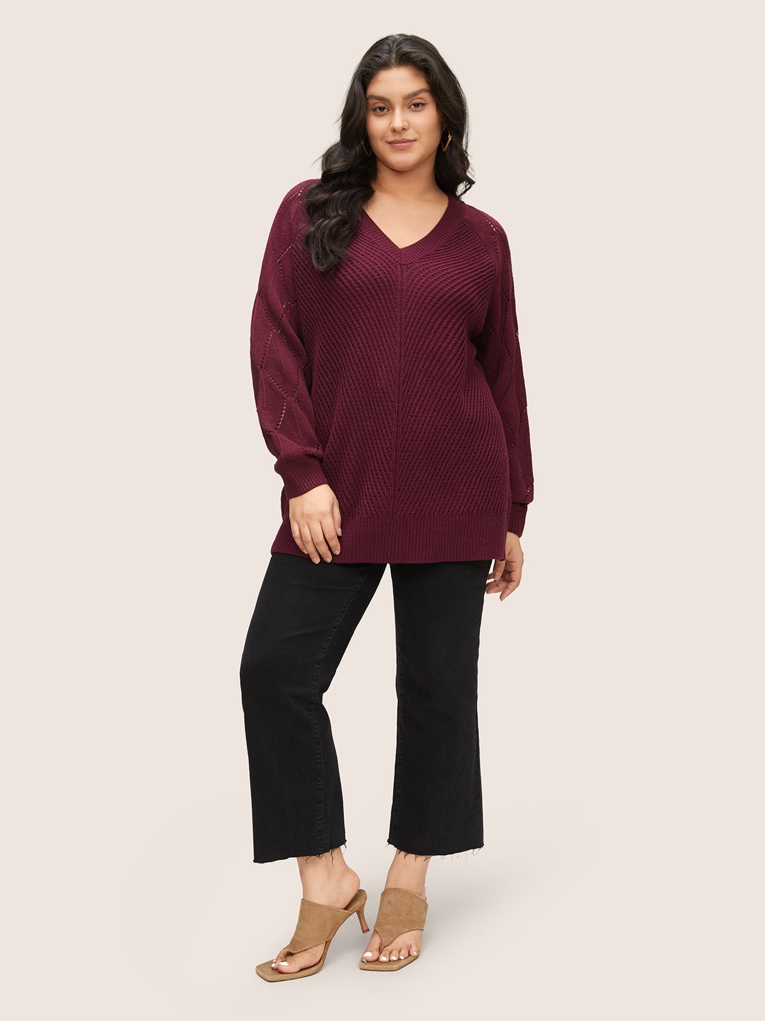 Solid Hollow Out Raglan Sleeve Pullover