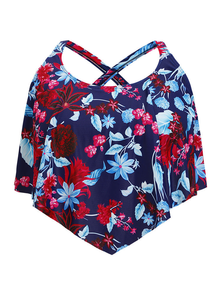 Floral Crossover Back Asymmetrical Tankini Top