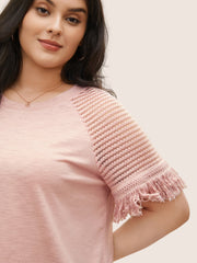 Solid Cut Out Raglan Sleeve Fuzzy Trim T-shirt