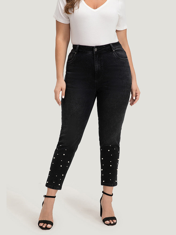 Beaded Detail Pocket Very Stretchy Black Wash Jeans