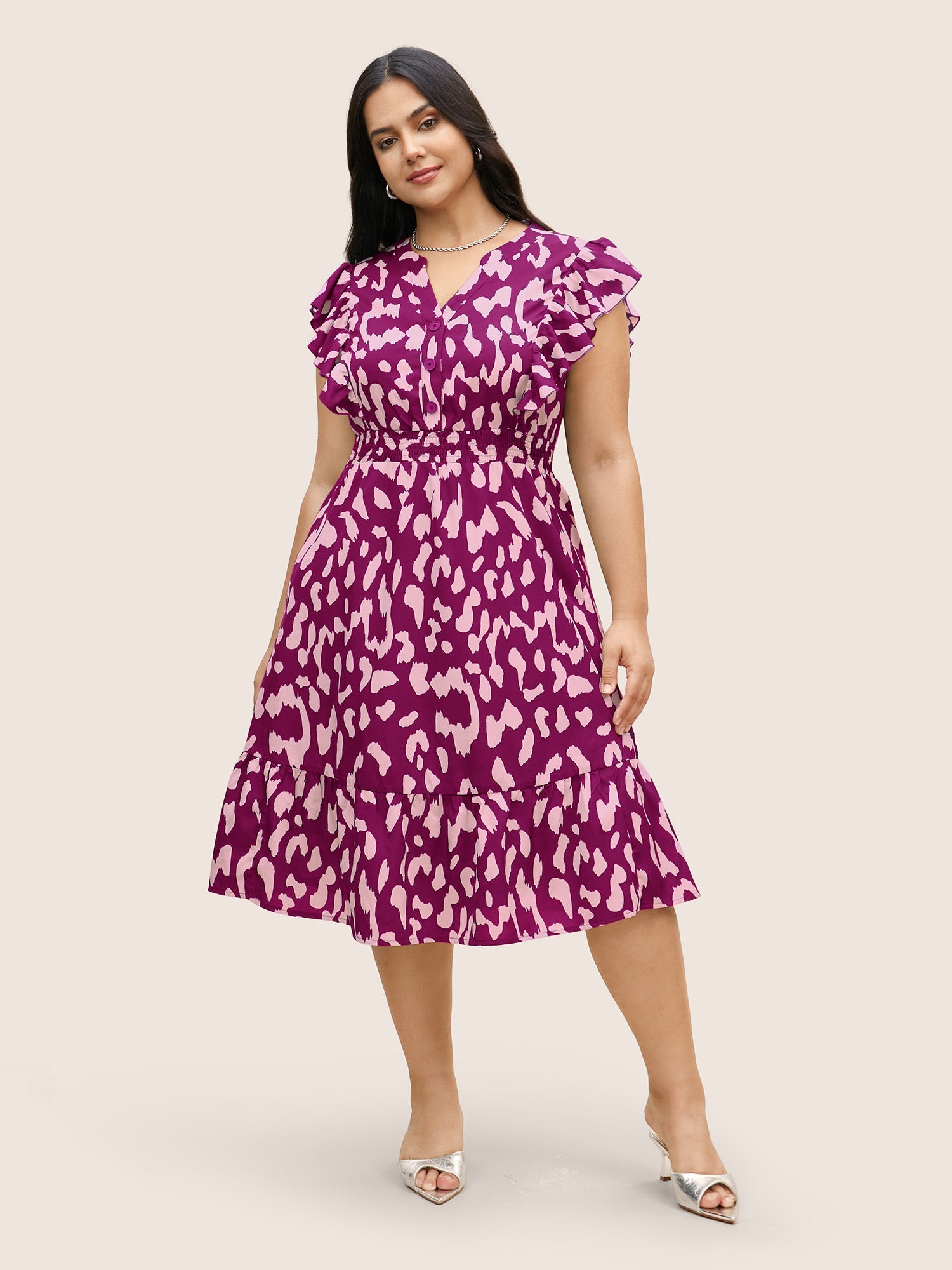 Notched Leopard Print Cap Sleeve Ruffles Dress