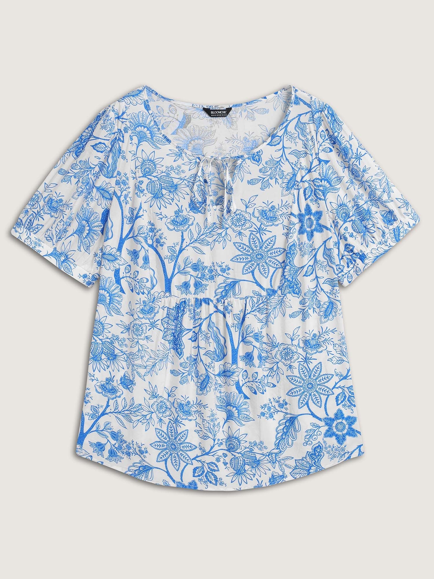 Silhouette Flower Print Neck Tie Blouse