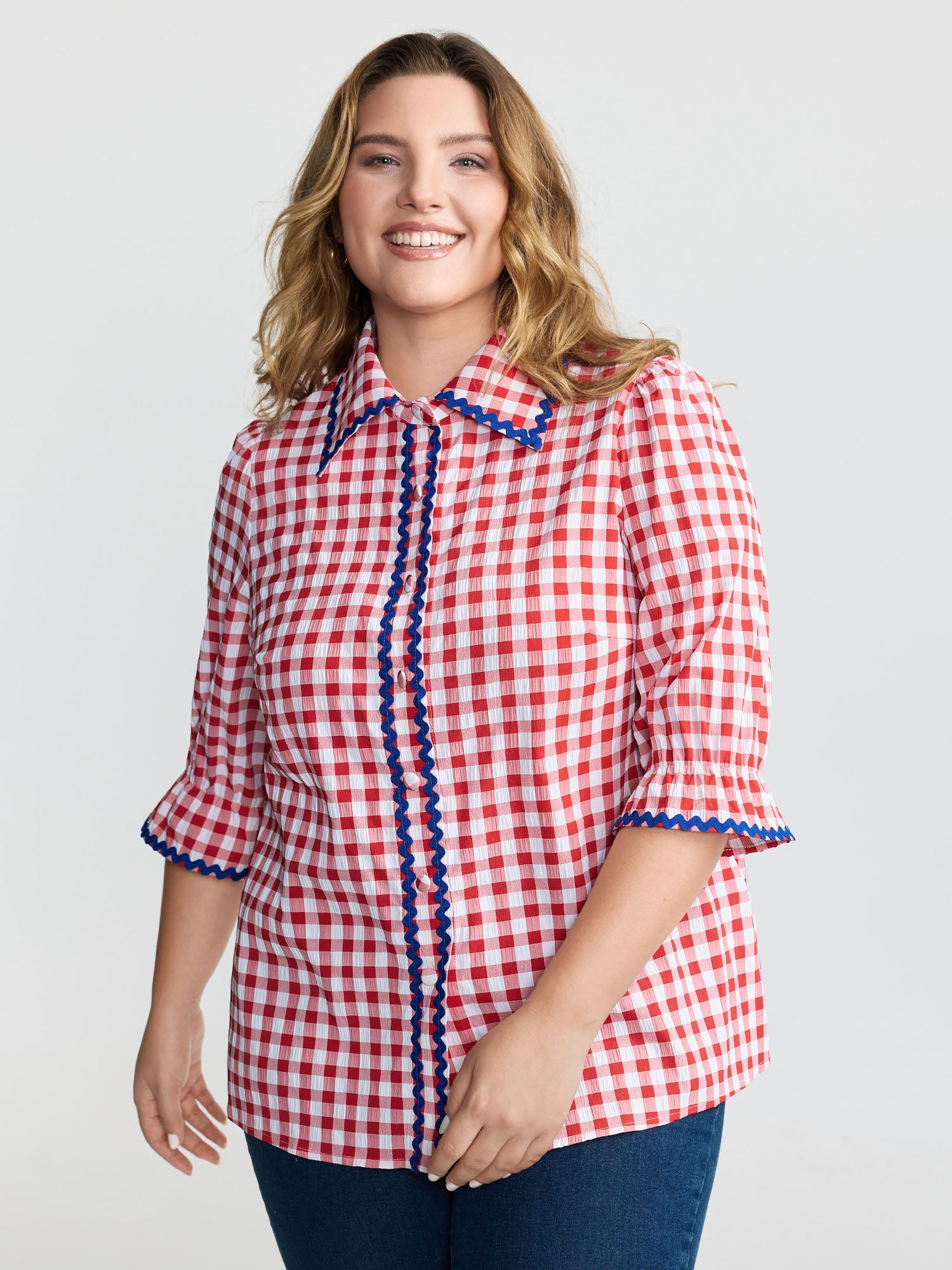 Gingham Color Contrast Edges Blouse