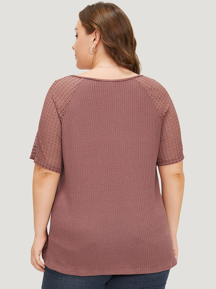 Plain Contrast Lace Raglan Sleeve Button Detail T-shirt