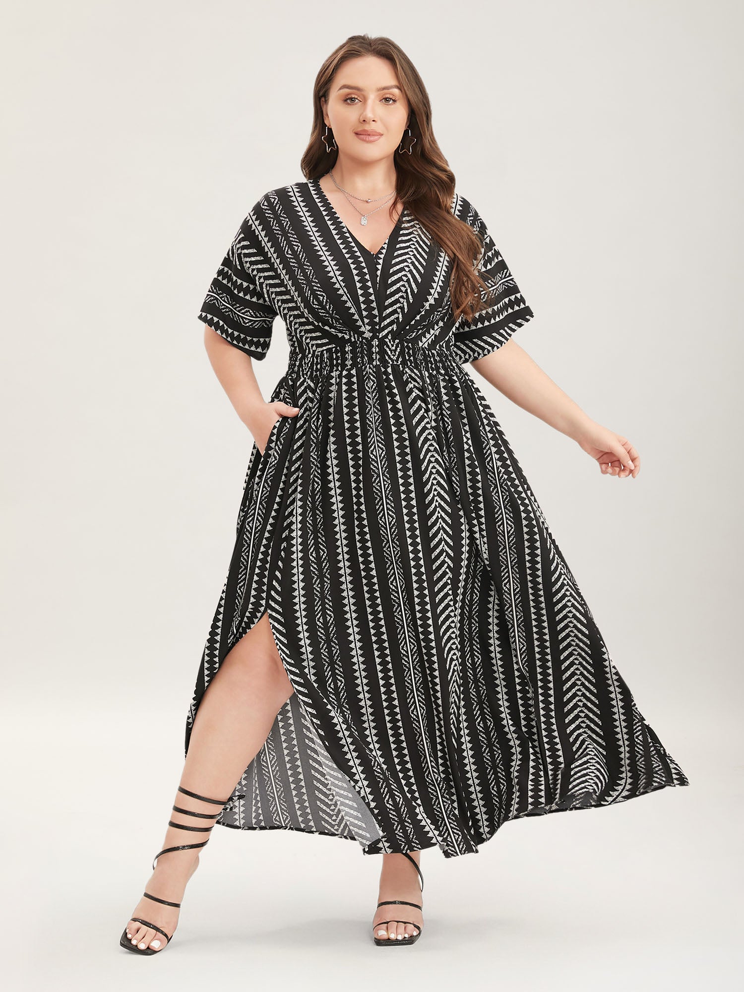 Solid Geometric Dolman Sleeve Pocket Shirred Split Hem Dress