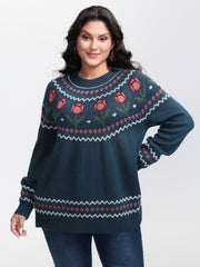 Floral Jacquard Color Contrast Pullover