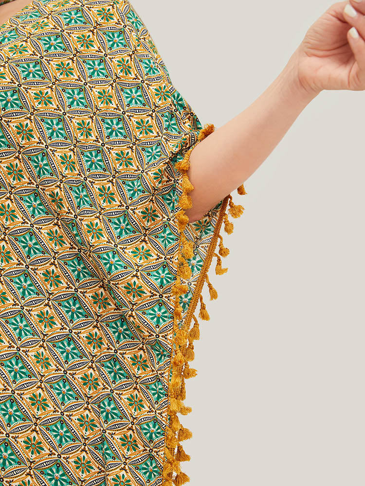 Bandana Batwing Sleeve Tassels Trim Split Open Front Kimono