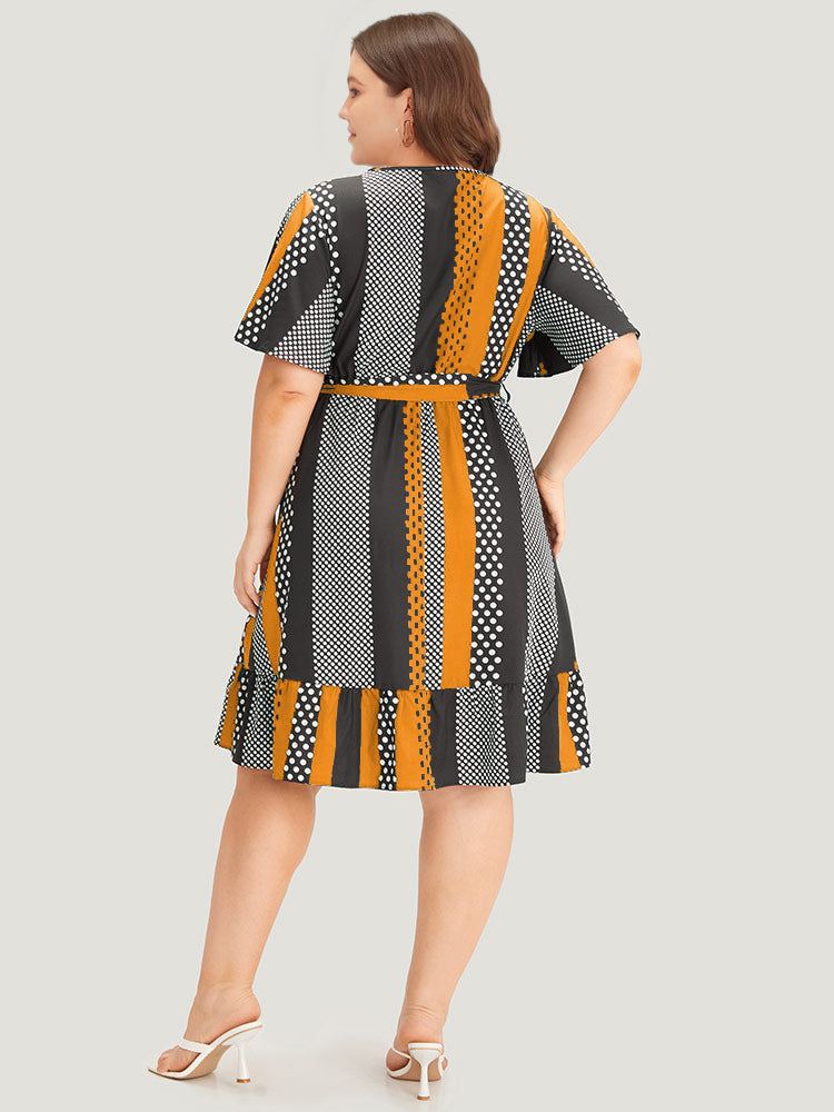 Striped & Polka Dot Graphic Pocket Ruffle Wrap Dress