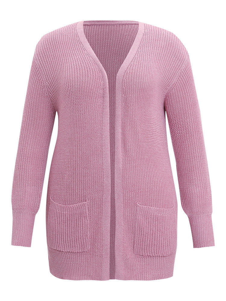 Solid Patched Pocket Lantern Sleeve Open Front Cardigan