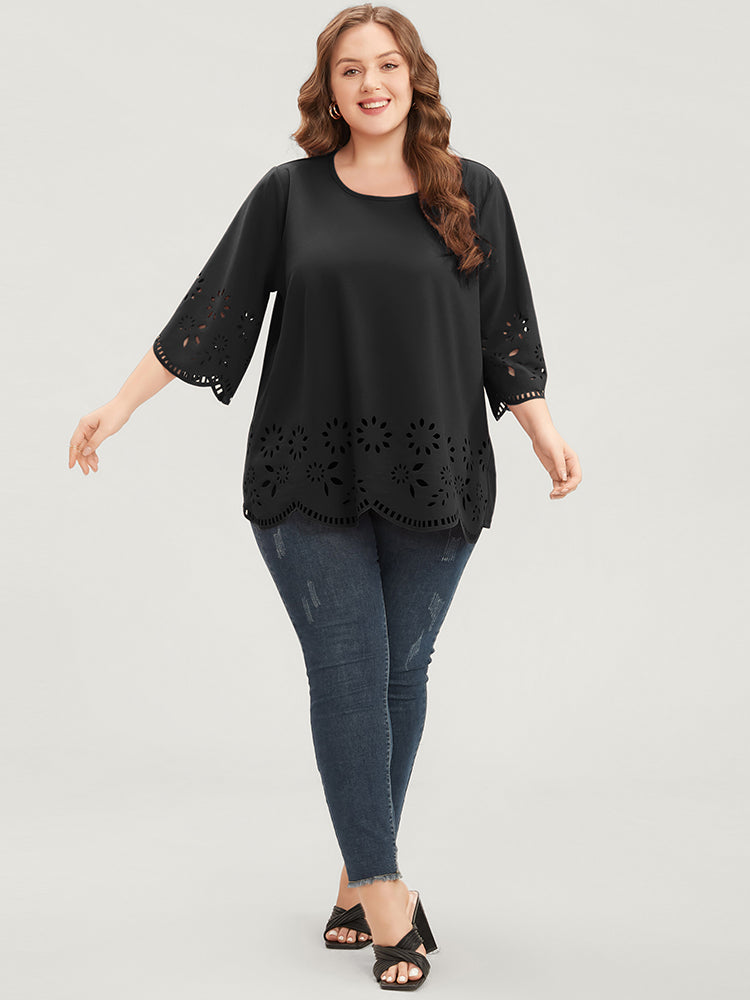 Solid Laser Cut Scalloped Trim T-shirt