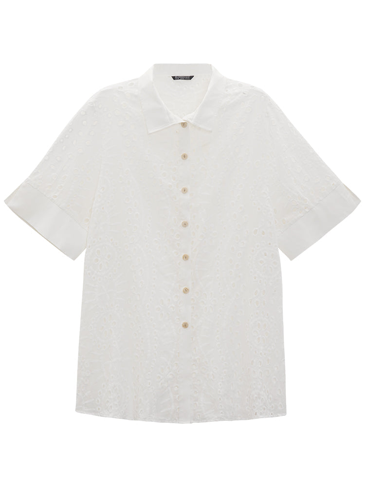 Plain Shirt Collar Broderie Anglaise Open Front Kimono