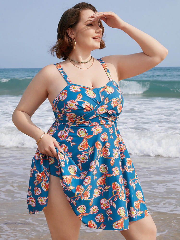 Floral Contrast Crossover Front Ruffles Adjustable Straps Swim Dress
