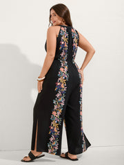 Floral Halter Neck Slit Hem Jumpsuit