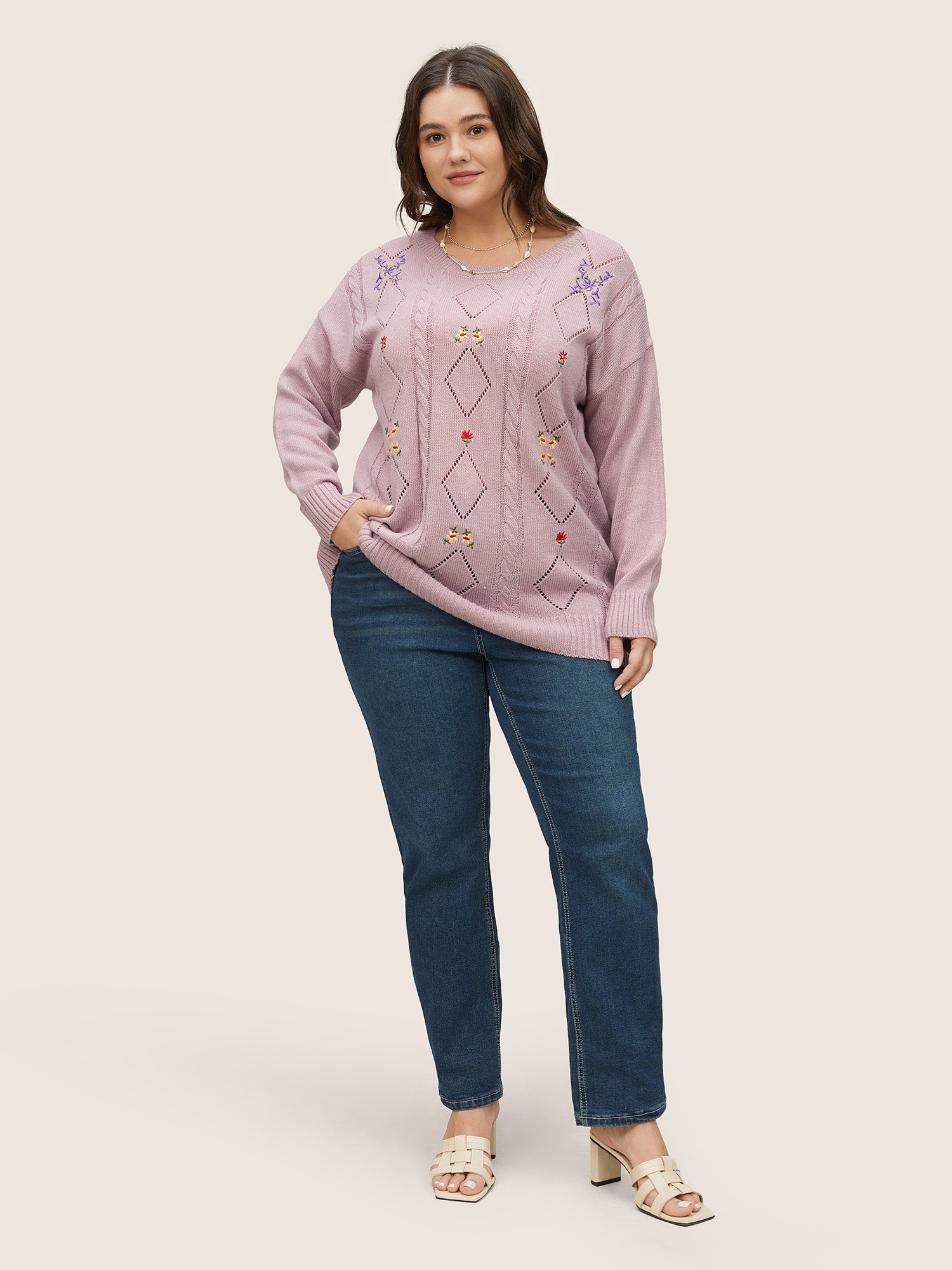 Floral Embroidered Geometric Hollow Out Cable Knit Pullover