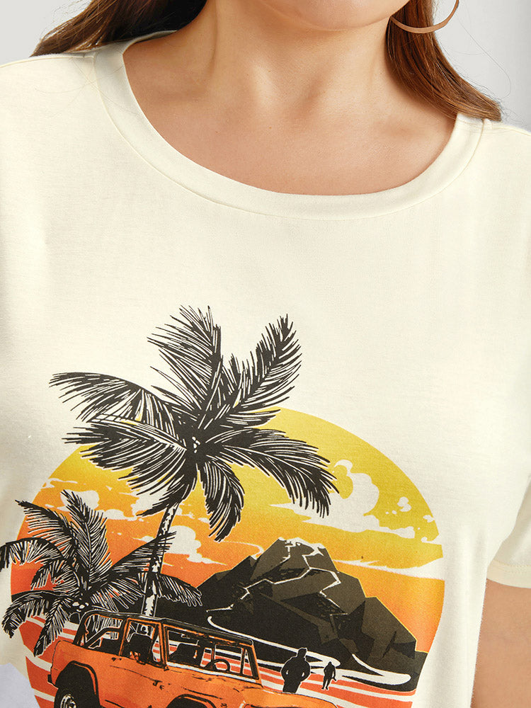 Coconut Tree & Car Print Crew Neck T-shirt