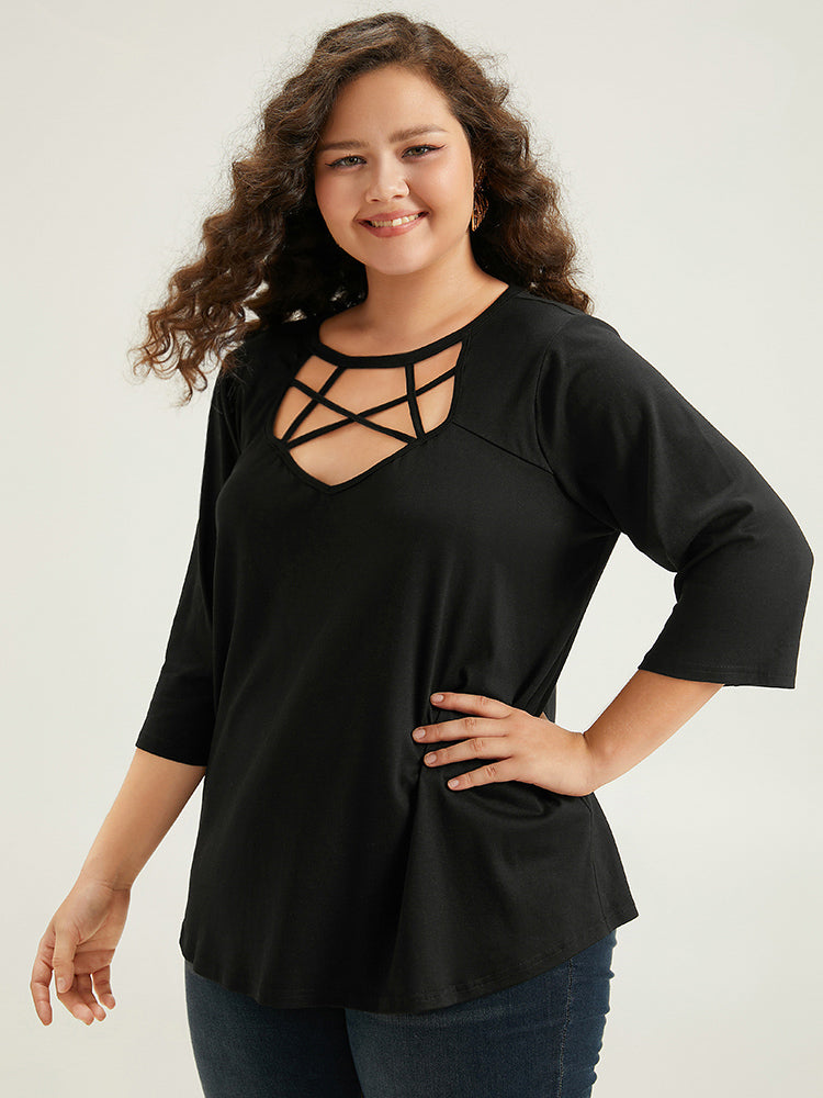 Solid Crisscross Neck Cut Out T-shirt