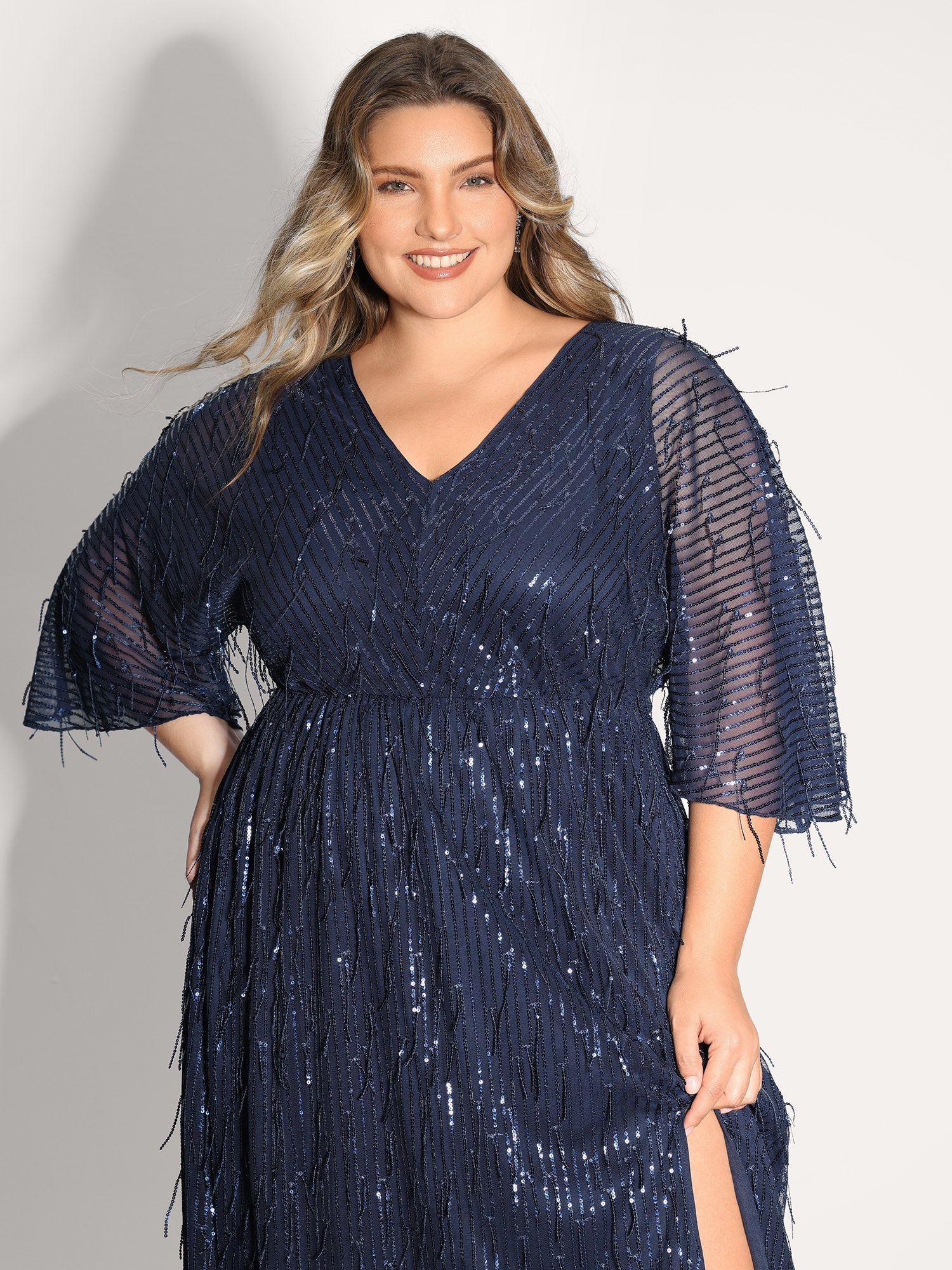 Sequin Lace High Slit Backless Maxi Dress