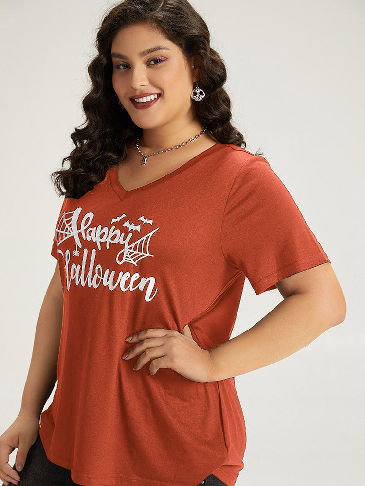 Halloween Letter Print V Neck T-shirt