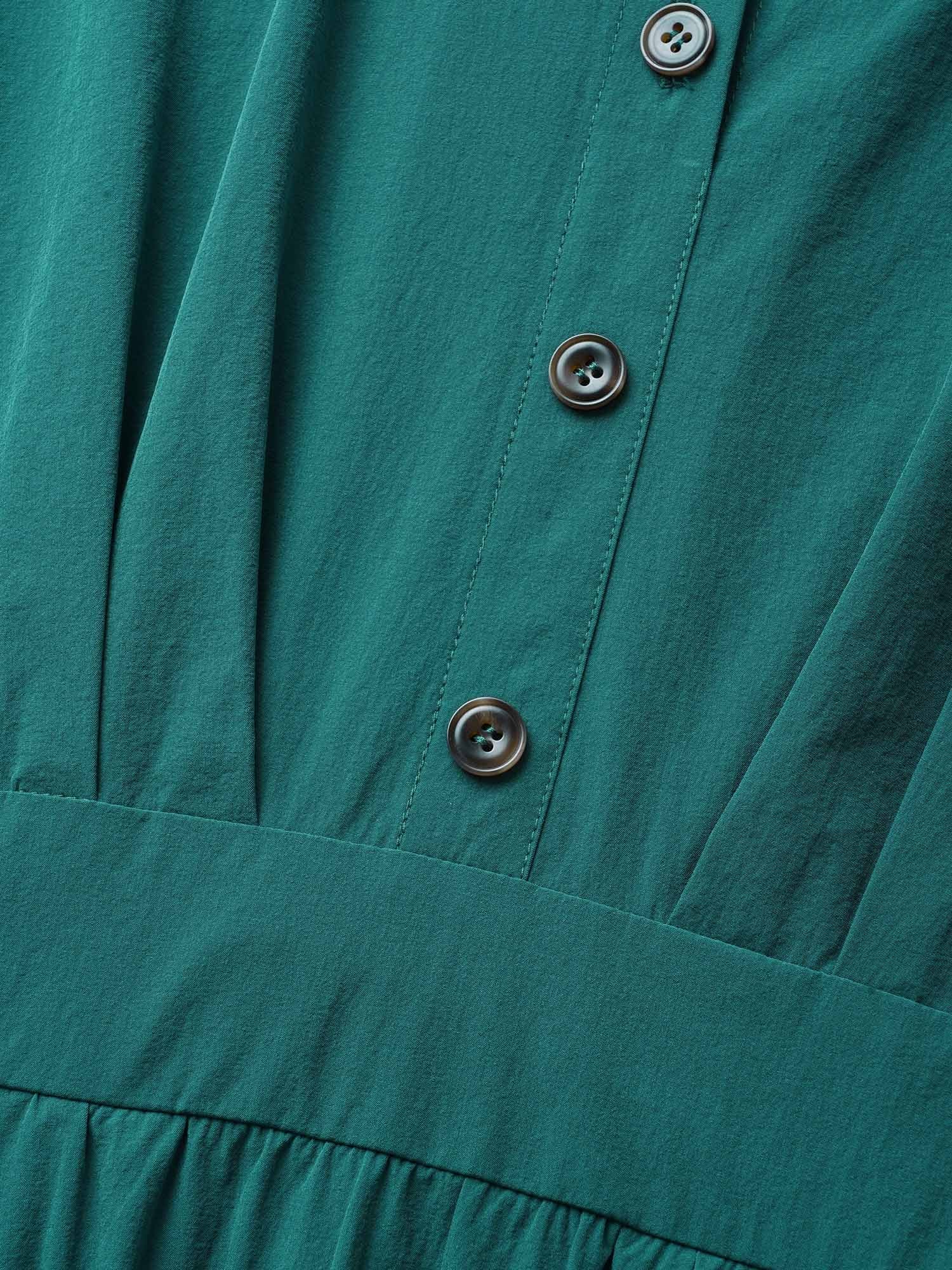 Shirt Collar Pleated Button Detail Gathered Midi Dress