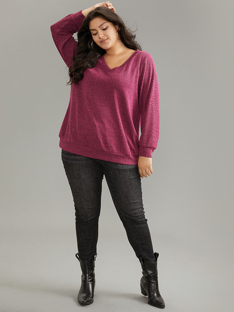 Solid Plisse Elastic Cuffs V Neck Sweatshirt