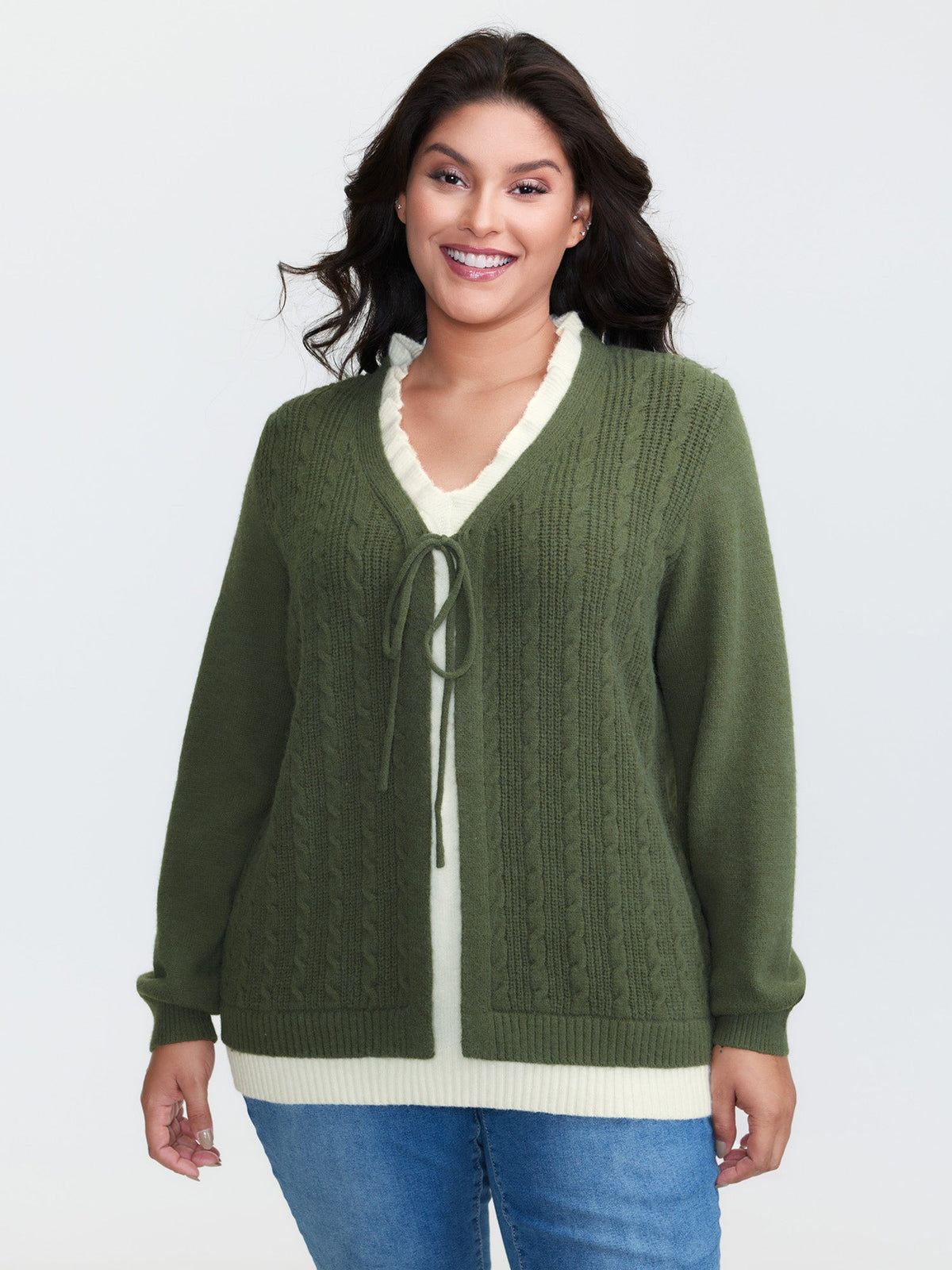 2-in-1 Cableknit Layered Tie Pullover
