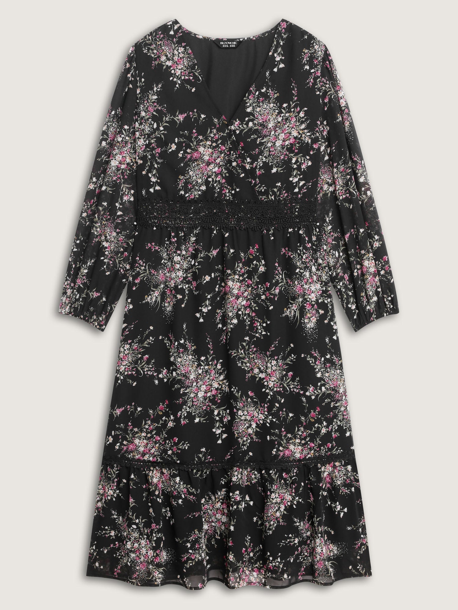 Soft Floral Print Lace Trim Midi Dress