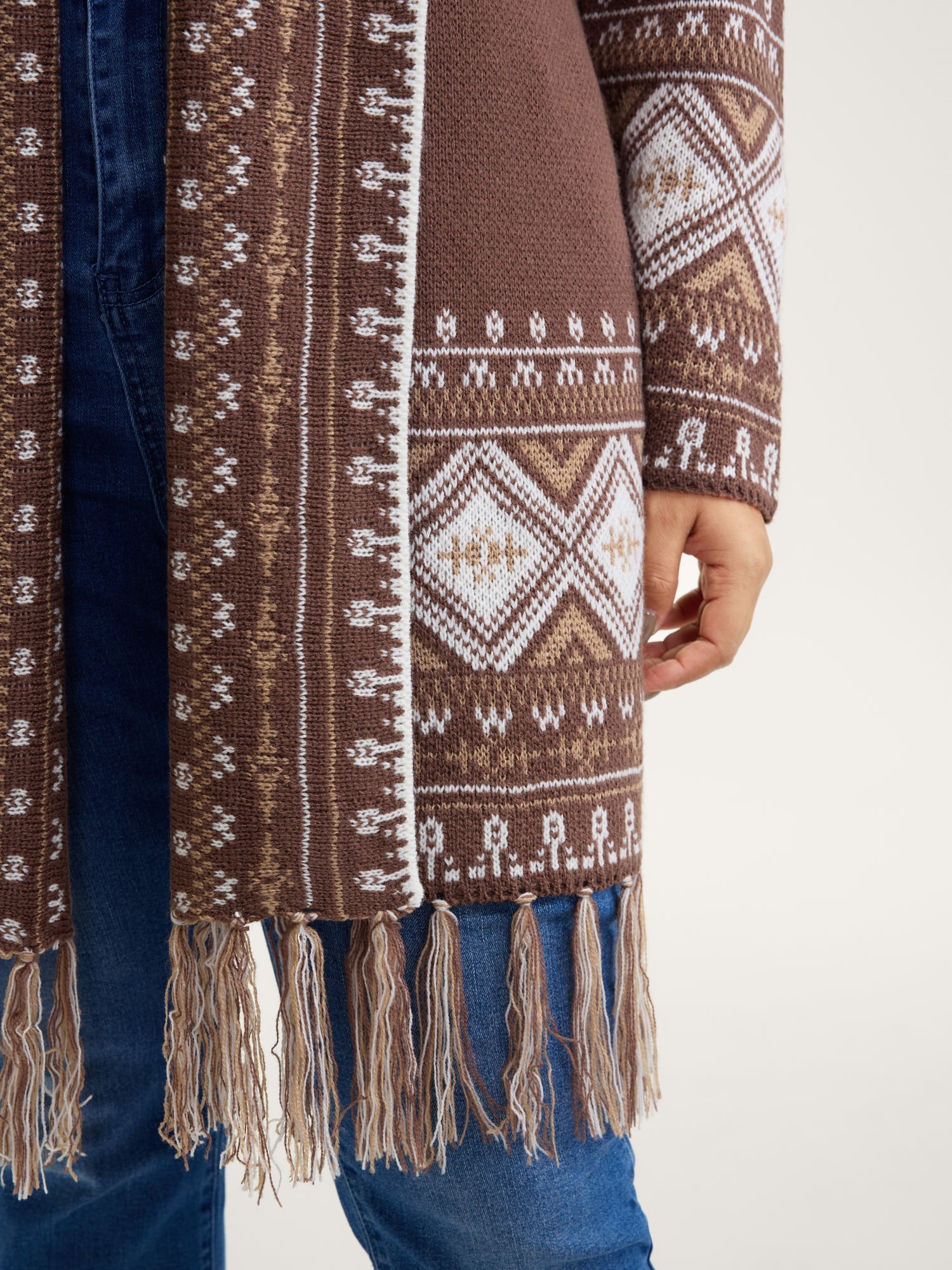 Boho Jacquard Folded Collar Tassels Cardigan