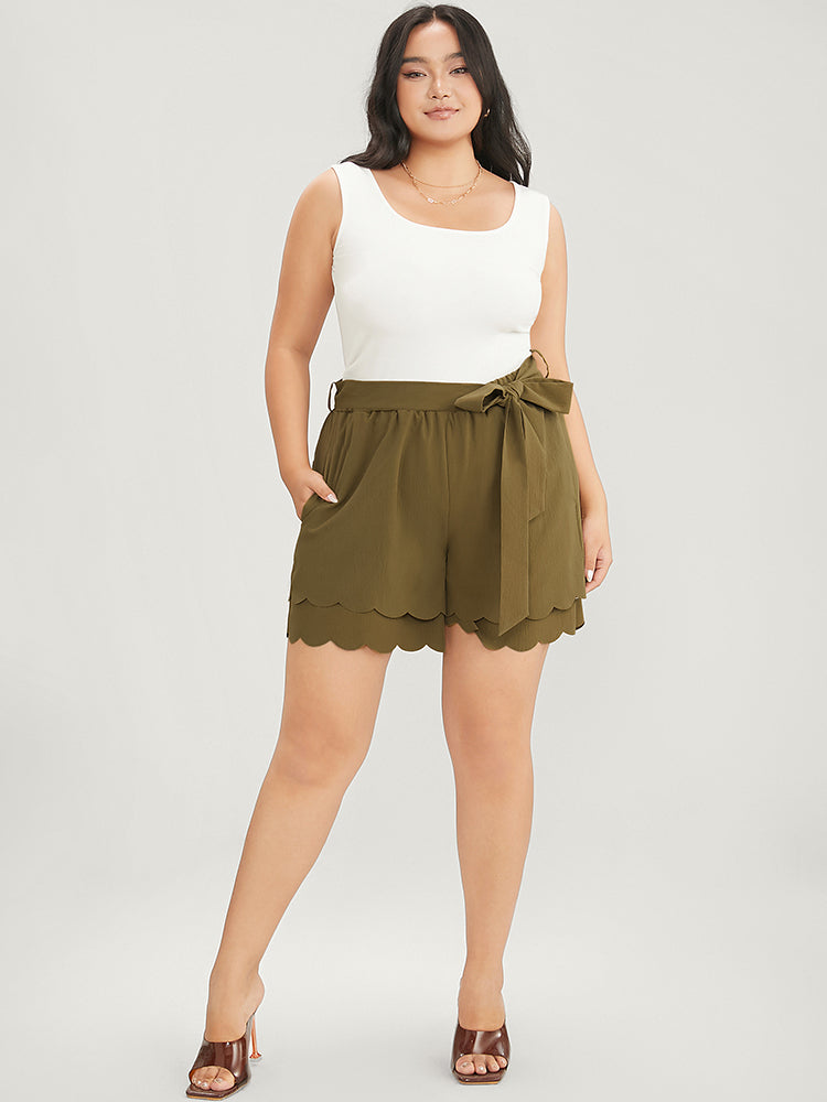 Solid Belted Pocket Scalloped Trim  Tiered Shorts