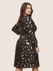 Feather Glitter Shirred Elastic Cuffs Dress