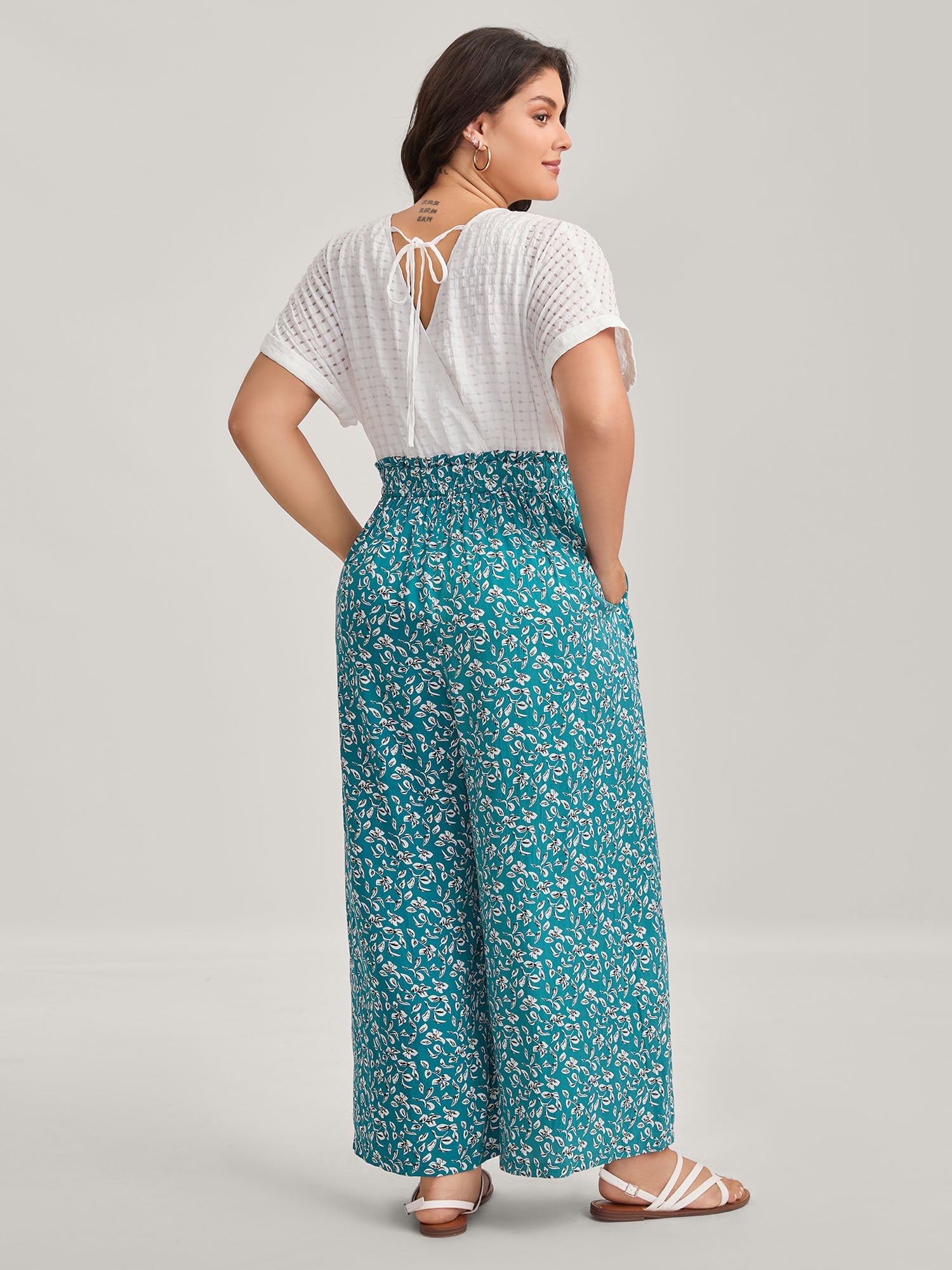 Floral Color Contrast Shirred Jumpsuit