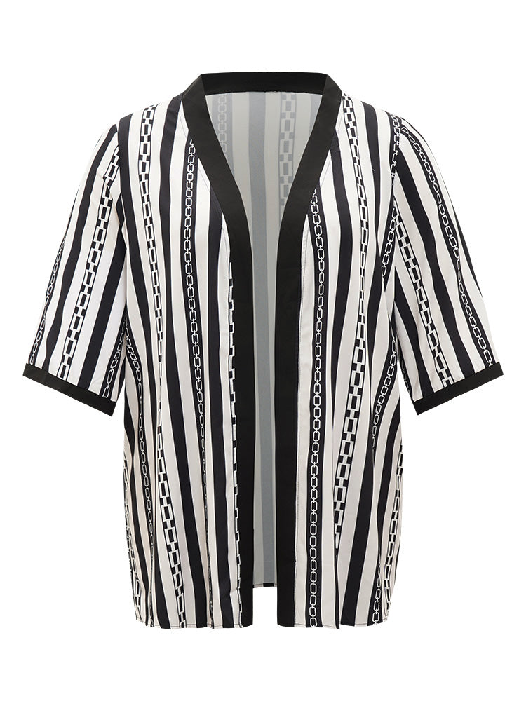 Striped Patchwork Contrast Open Front Kimono