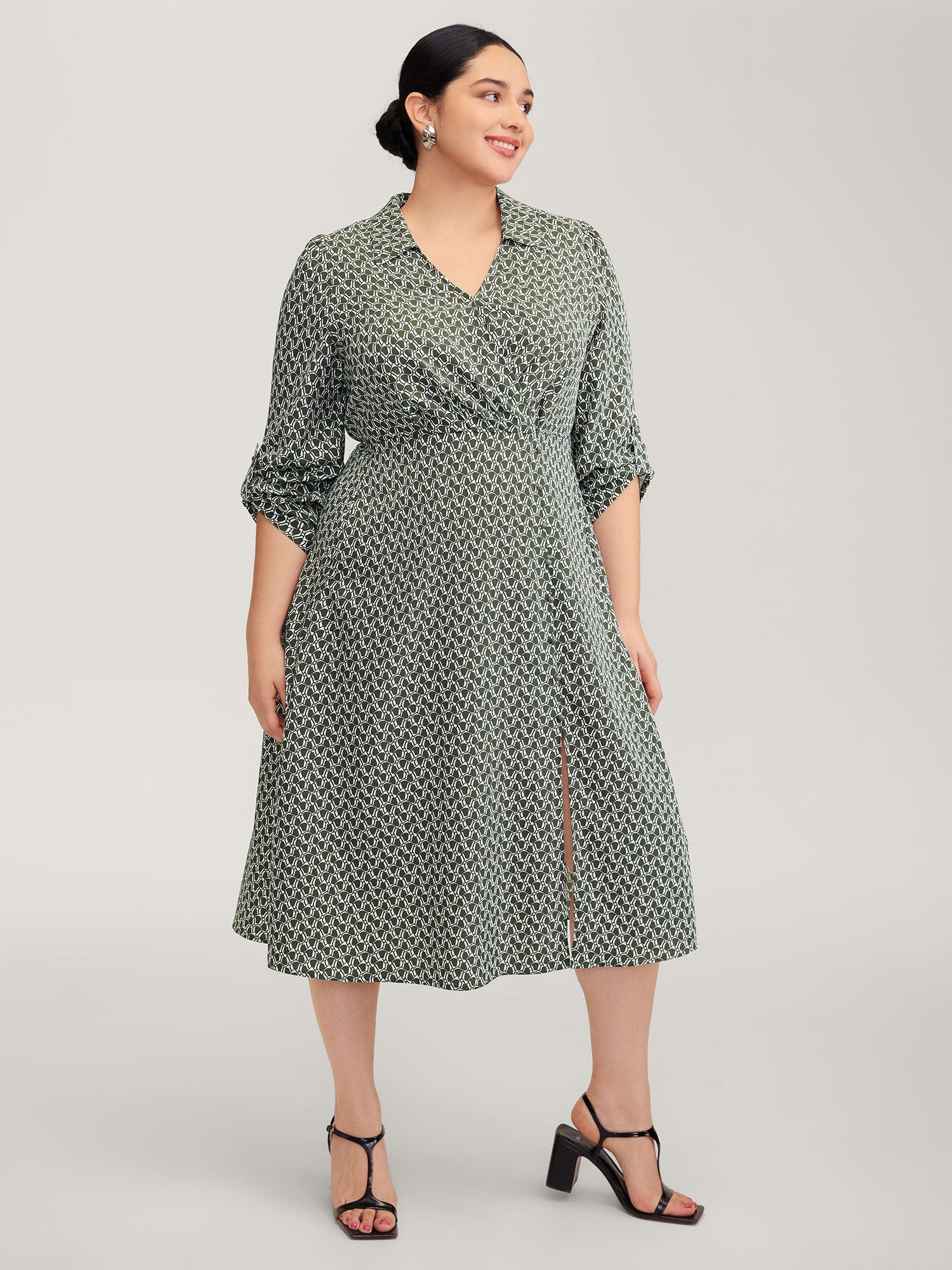 Geometric Print Split Wrap Collar Maxi Dress