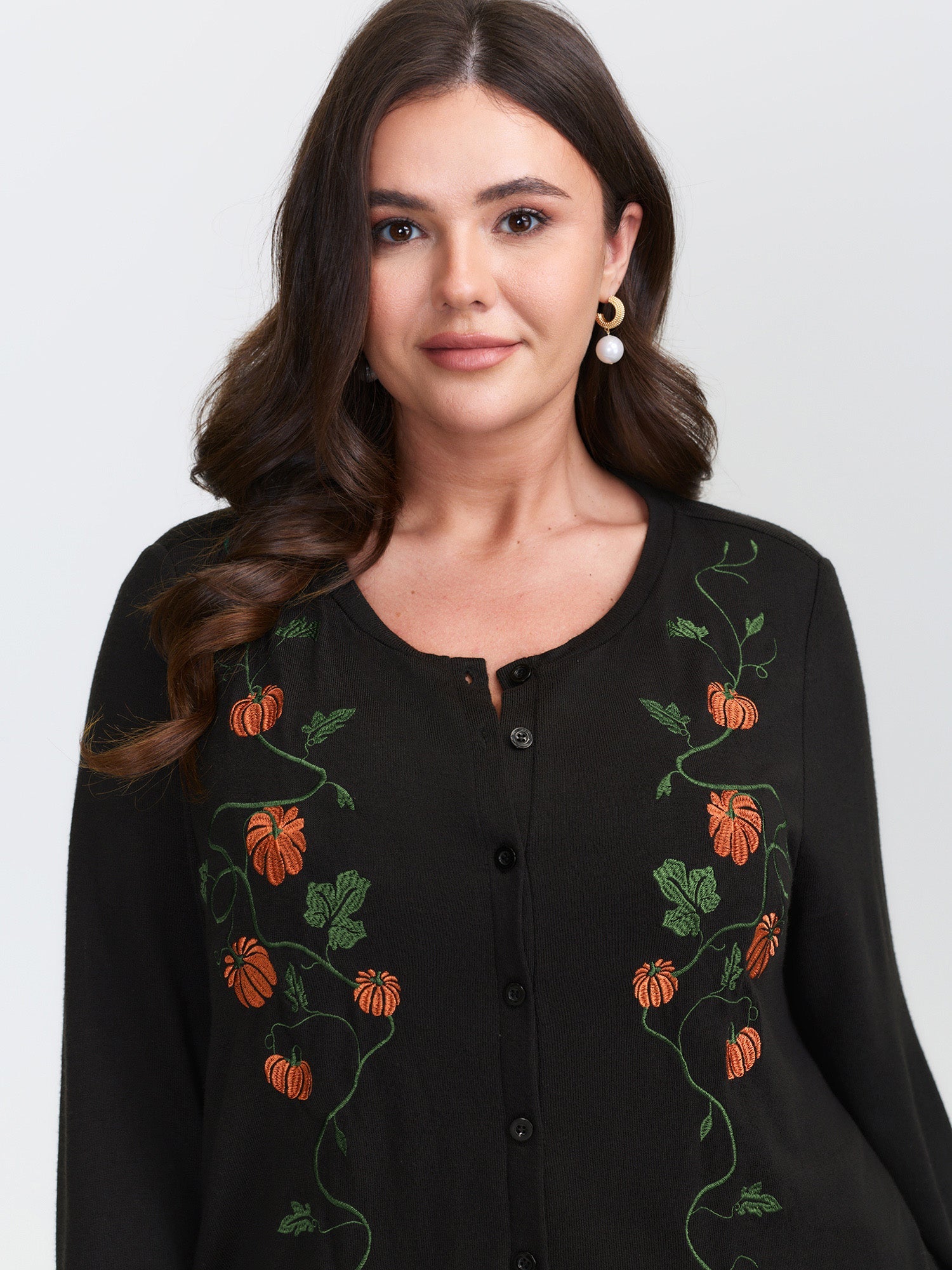 Floral Embroidery Stretch Knit Button Top