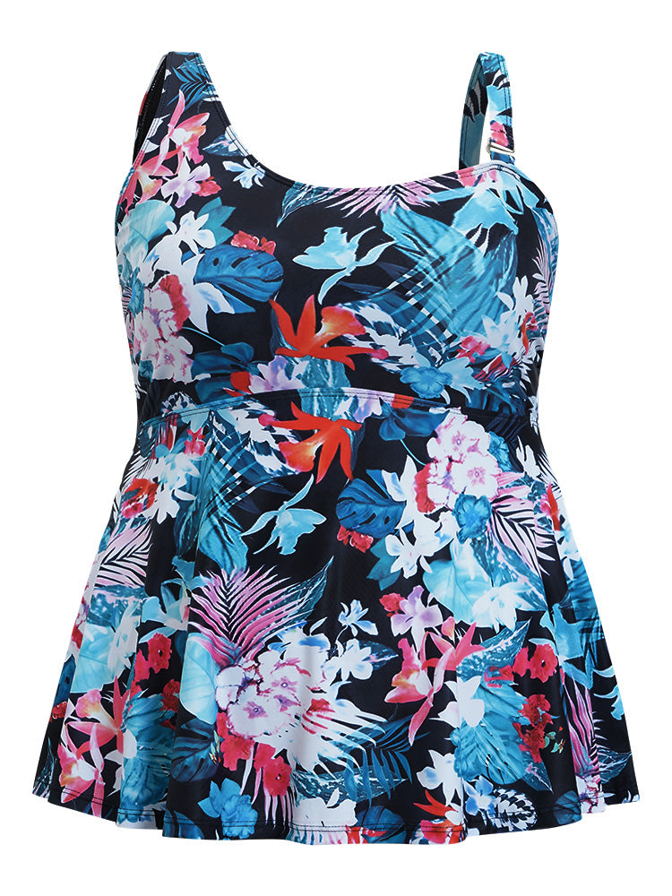 Floral Printed Asymmetrical Ruffles Hem Tankini Top