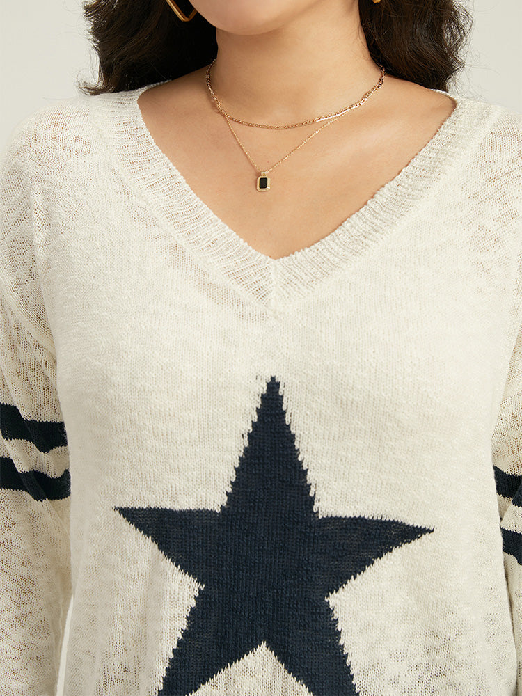 Star & Striped Print Drop Shoulder Pullover
