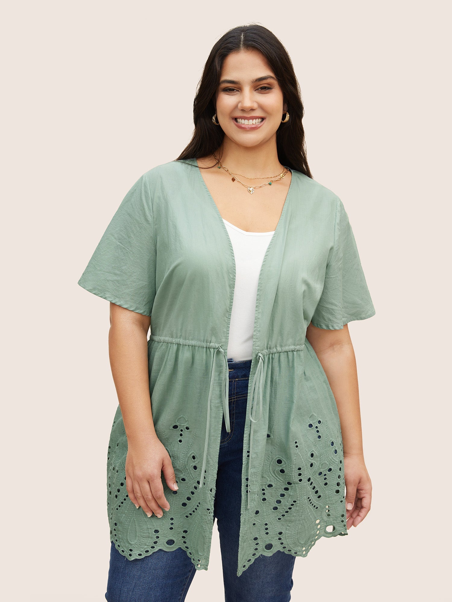 Plain Broderie Anglaise Drawstring Kimono
