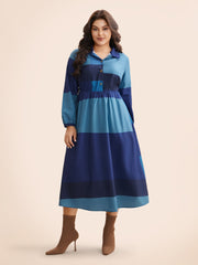 Shirt Collar Colorblock Contrast Midi Dress