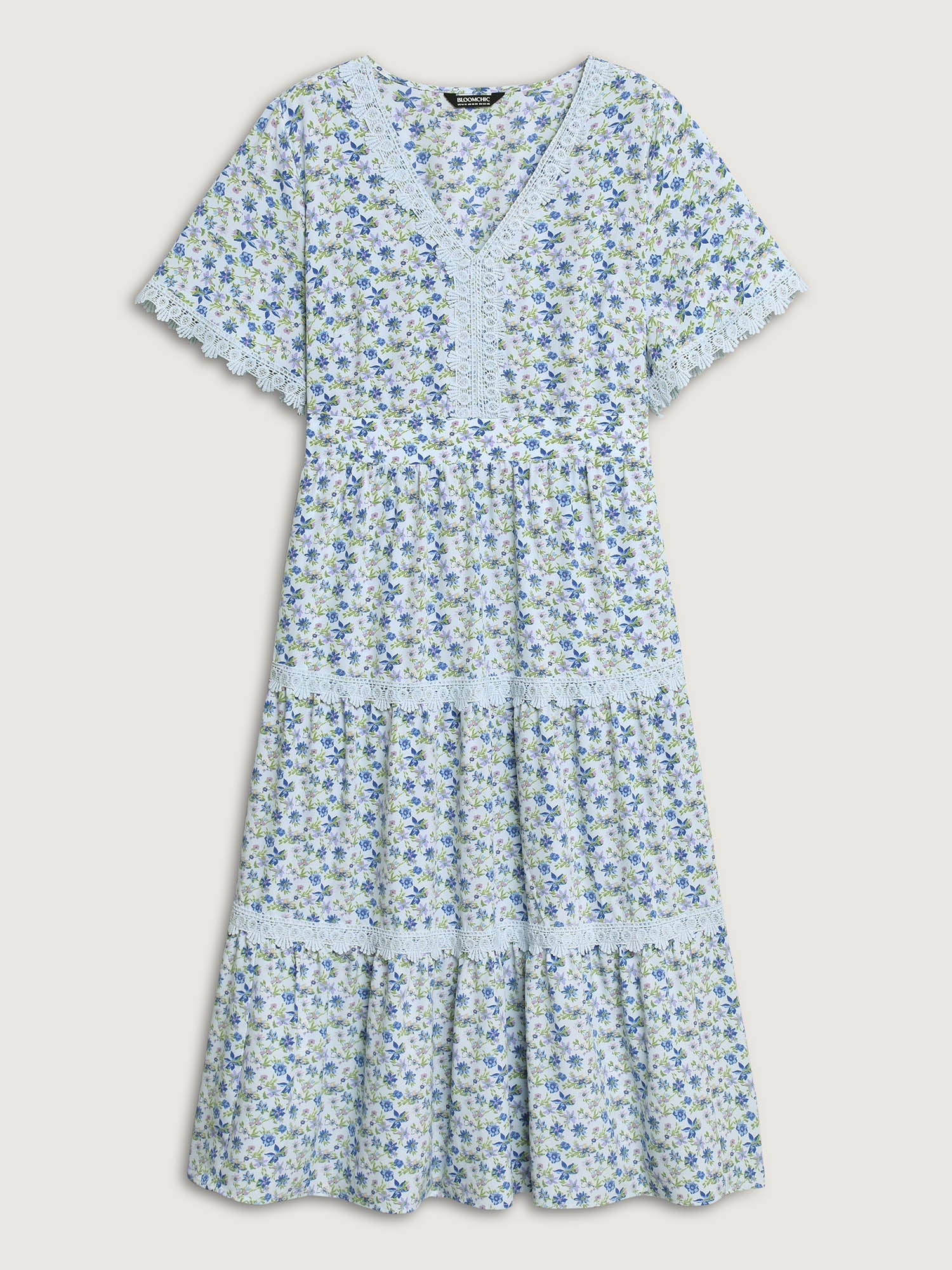 Floral Print Lace Tiered Midi Dress