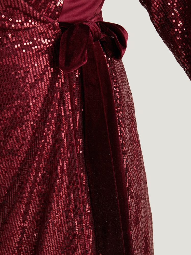 Sequin Ties Side Surplice Neck Lantern Sleeve Dress