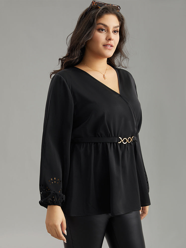 Plain Elastic Waist Buckle Detail Wrap Blouse