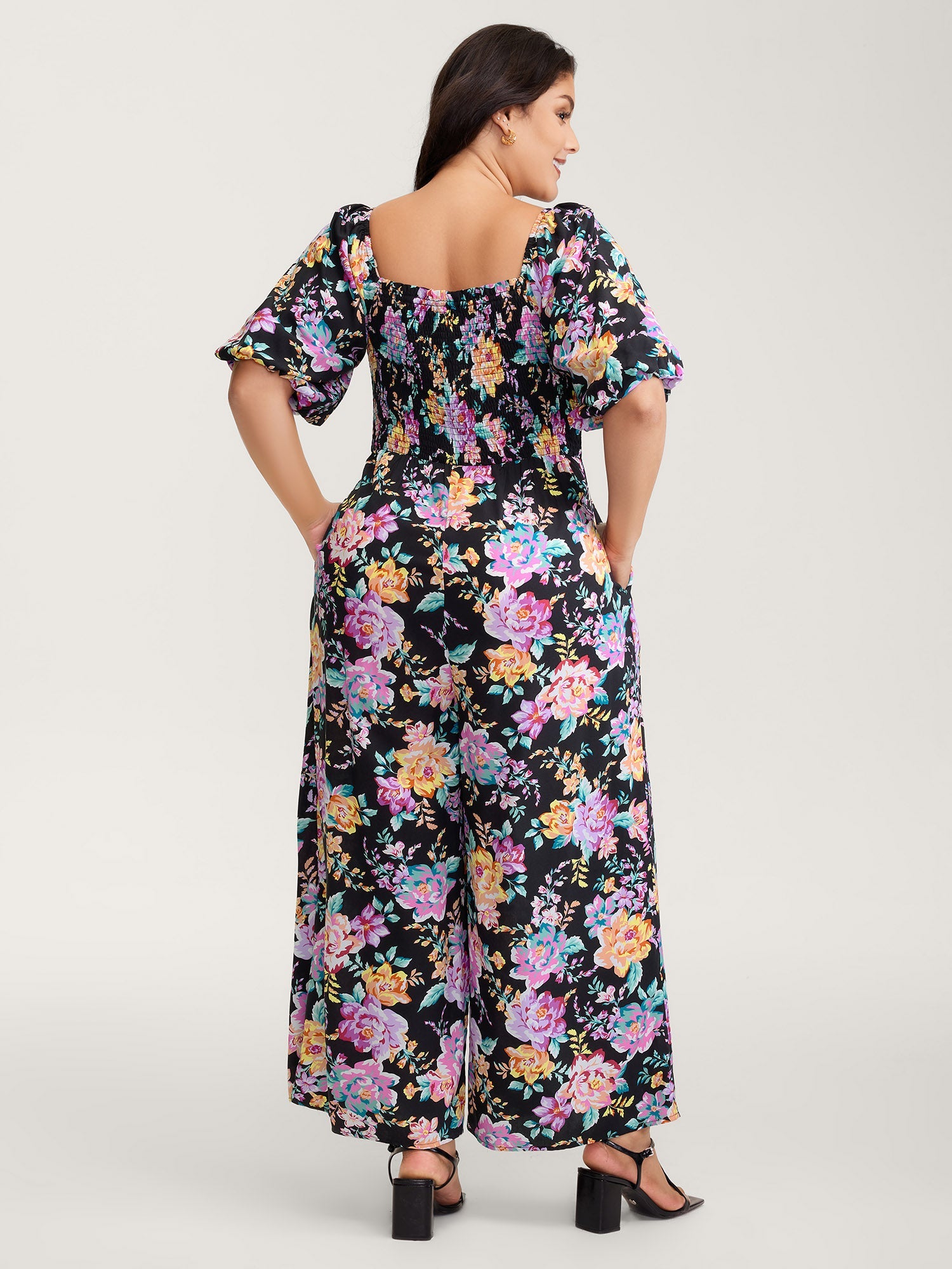 Floral Print Bust-Ease Shirred Jumpsuit
