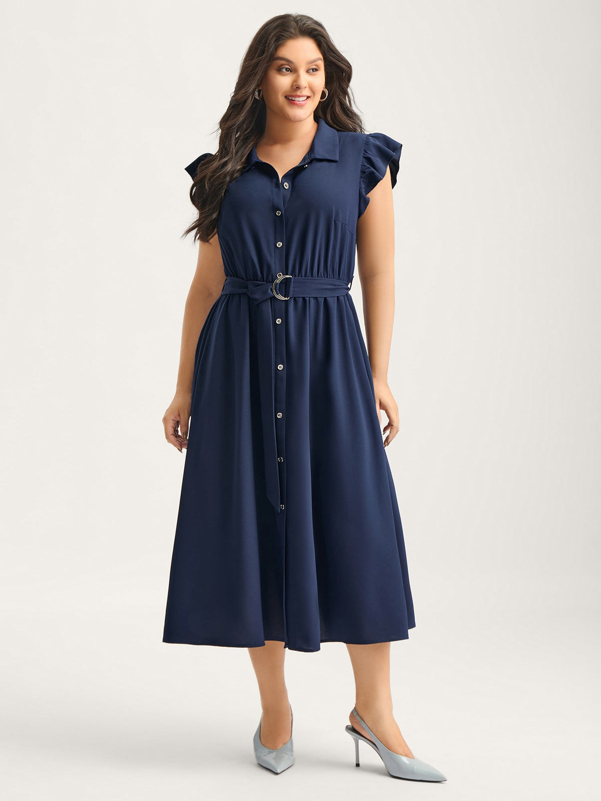 Flutter Sleeve Belted Shirt Dress