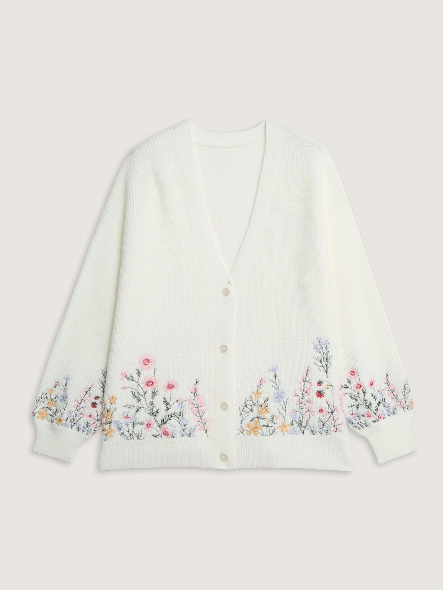 Floral Embroidery Drop Shoulder Knit Cardigan