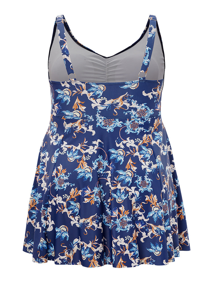 Floral Knot Front Ruched Ruffles Swim Dress