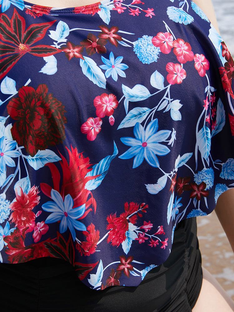 Floral Crossover Back Asymmetrical Tankini Top