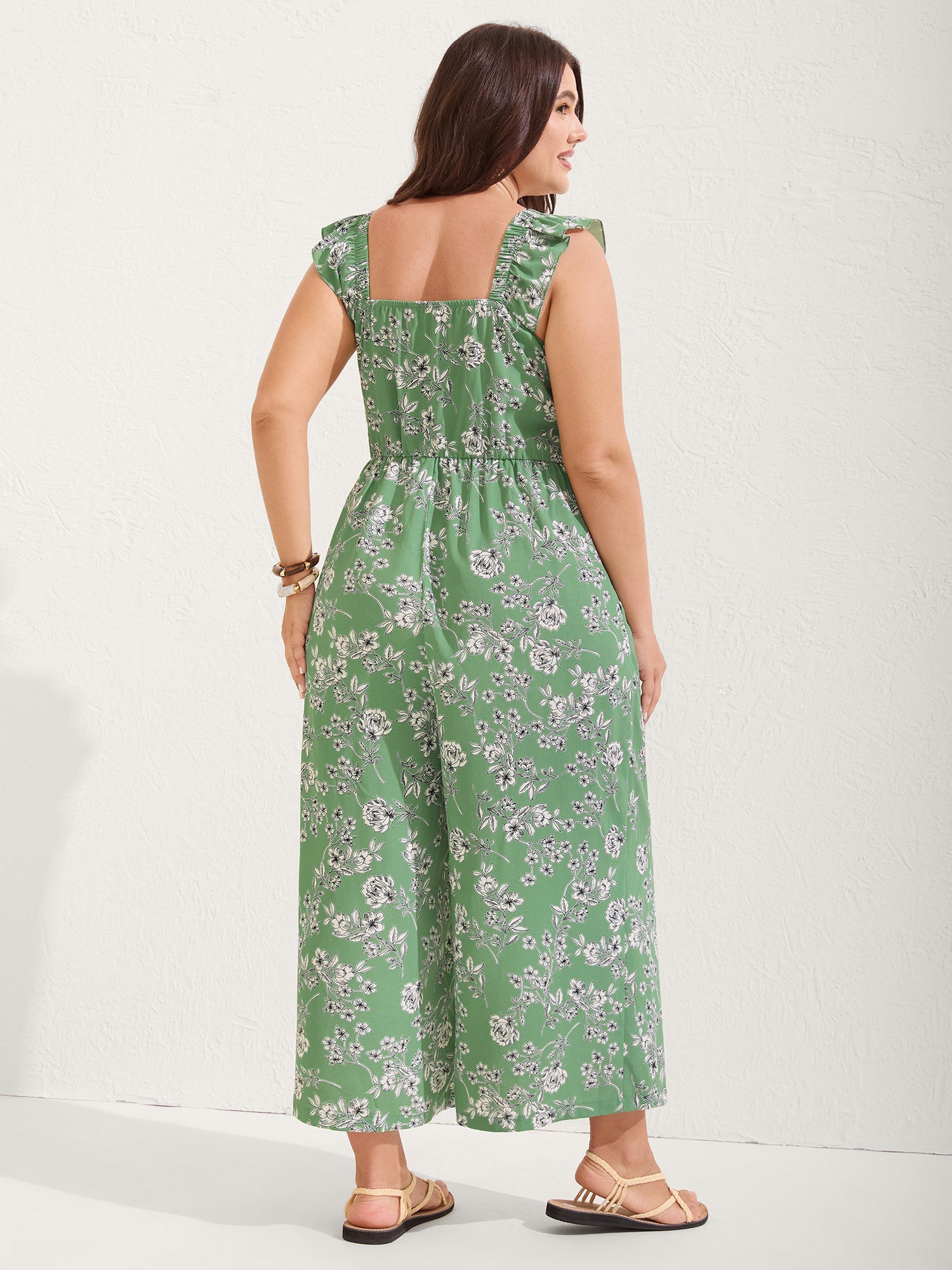 Floral Print Ruched Flutter Detail Jumpsuit